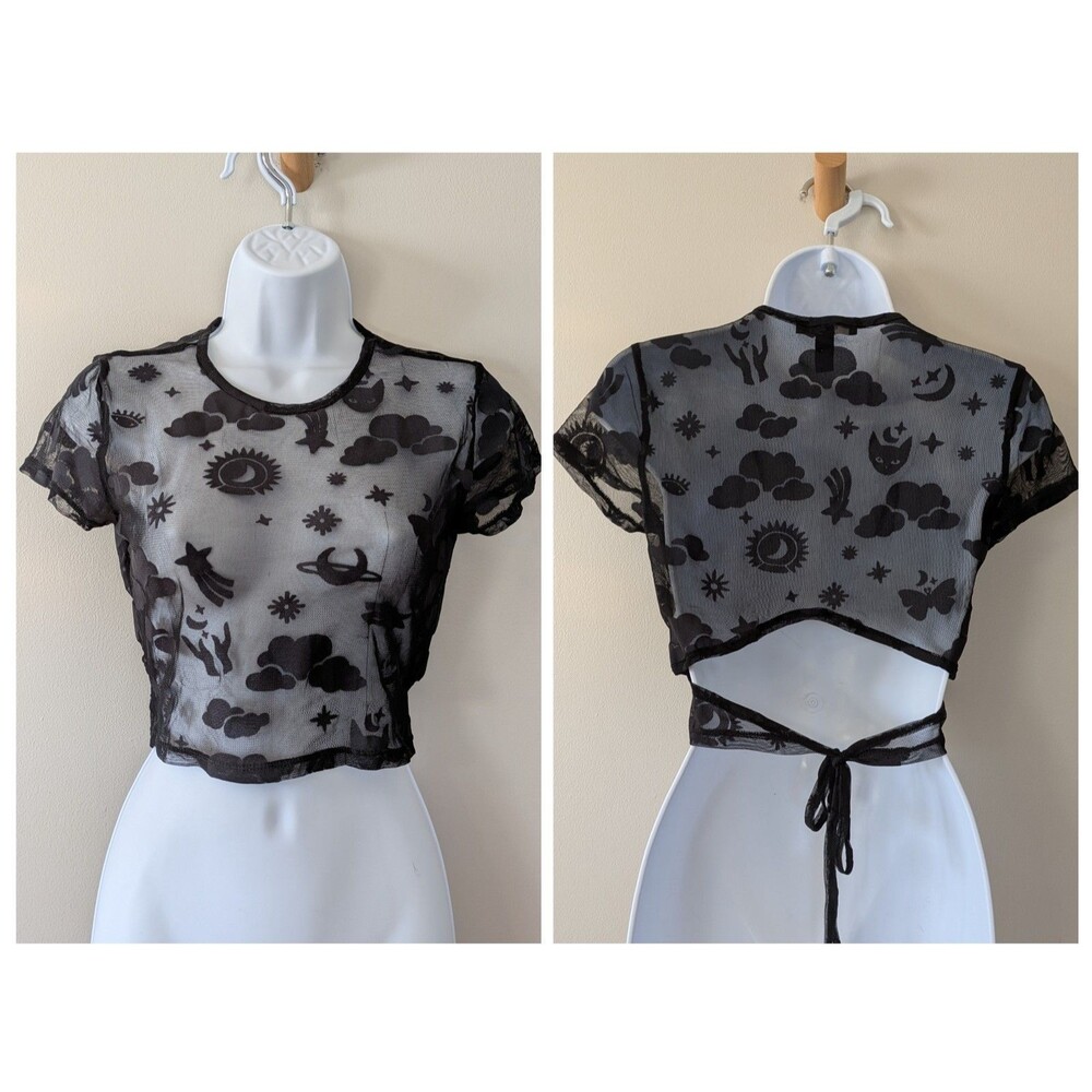 Forever 21 Black Sheer Mesh Crop Top S Celestial Festival Whimsigoth Tie Back